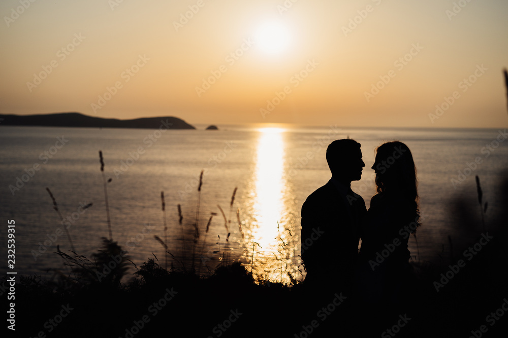 Silhouette of a couple in love at sunset on the beach