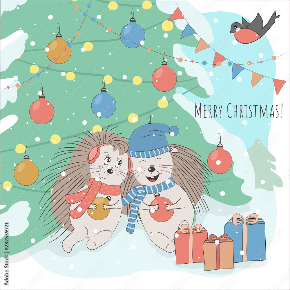 Winter and Christmas illustration. A couple of funny hedgehogs are sitting under a decorated fir tree and near gift boxes. Colorful illustration fits for kid banners, cards, posters, book illustration