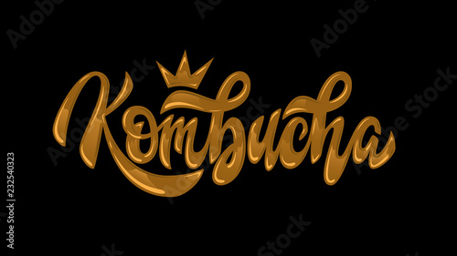 Kombucha hand written vector logo. Healthy fermented probiotic tea. Cleanly vectorized hand lettering, calligraphy in 3d golden style. Text sign design for logo, print, cool badge, packaging, label.