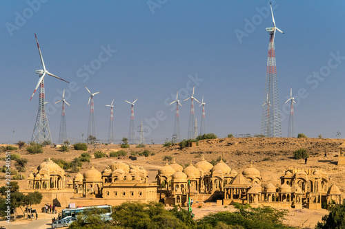 IINDIA, RAJASTHAN, JAISALMER,  Chattris of Bada Bagh near Jaisalmer surrounded by wind generators