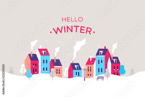 Winter cityscape. Snowy street in small town. Vector illustration.