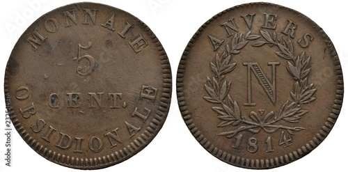 Foto Belgium Belgian City of Antwerp coin 5 five centimes 1814, French occupation, va