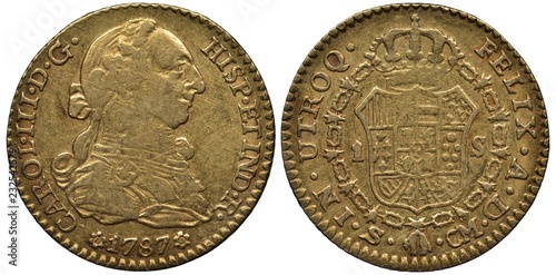 Spain Spanish golden coin 1 one escudo 1787, bust of ruler King Carl III right, crowned shield with designs divides value, order chain surrounds, 