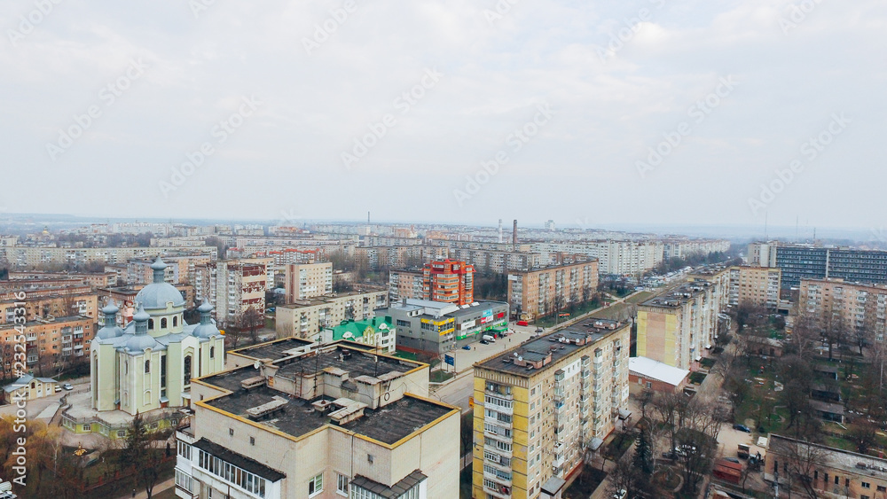 Aerial view of city, church, park, road from a bird's eye view. Ukraine Ternopil