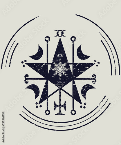 Ceremonial magic sigil with a satanic pentagram vector illustration. Ritual High Magic Circle Pentagram sigil or seal modern imitation. Demonology icon. photo