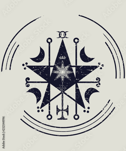 Ceremonial magic sigil with a satanic pentagram vector illustration. Ritual High Magic Circle Pentagram sigil or seal modern imitation. Demonology icon.