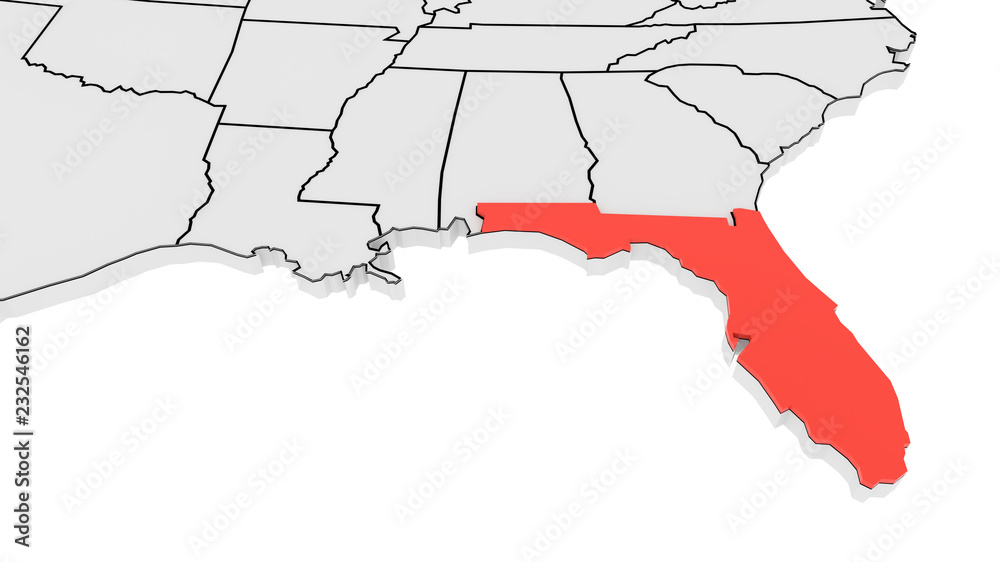 Florida state highlighted in red on 3D map of the United States Stock