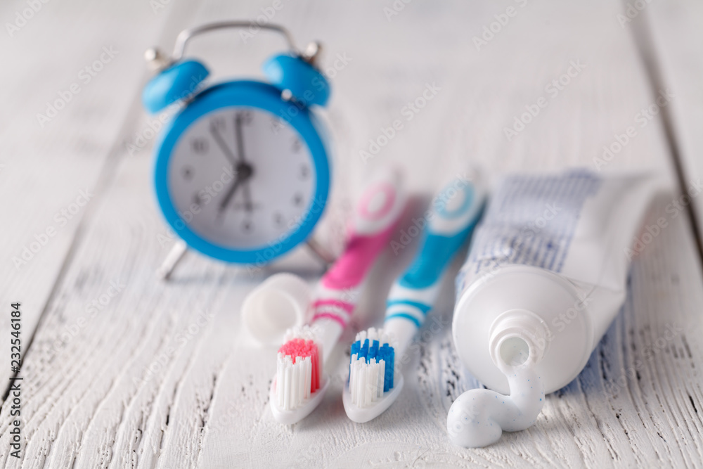 Close-up on toothpaste and toothbrush