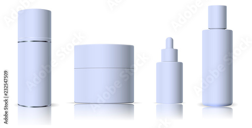 Vector illustration of dropper bottle, cream jar, shampoo and spray. Realistic cosmetic products mockup set. Ready for branding or commercial use.