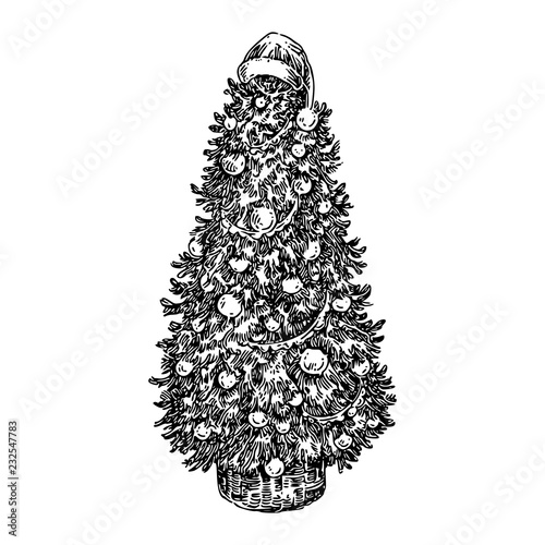 Christmas tree decorated balls and Santa hat. Sketch. Engraving style. Vector illustration.
