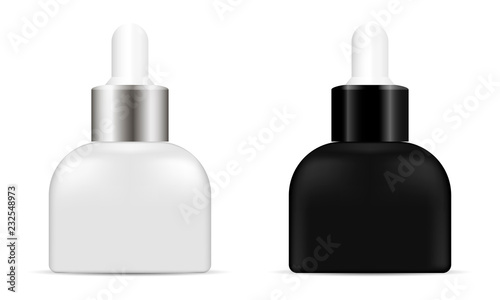 Set of realistic plastic or matt glass bottles with dropper. Cosmetic jar for organic aroma oil, anti-aging essential, collagen serum for beauty. Mock up vector flacons illustration isolated on white.