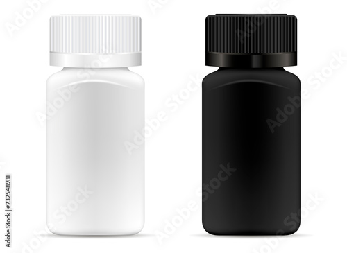 Pills jar. White and black medical container for drugs, diet, nutritional supplements. Vector illustration of square bottle isolated on white background.