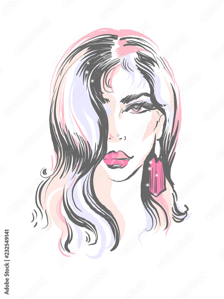 Beautiful girl with pink lips and earring hairstyle icon fashion illustration Beautiful girl with pink lips and earring hairstyle icon fashion illustration