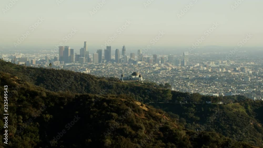 Aerial view at sunset of Griffith Observatory in California Hills Aerial view at sunset of Griffith Observatory in California Hills