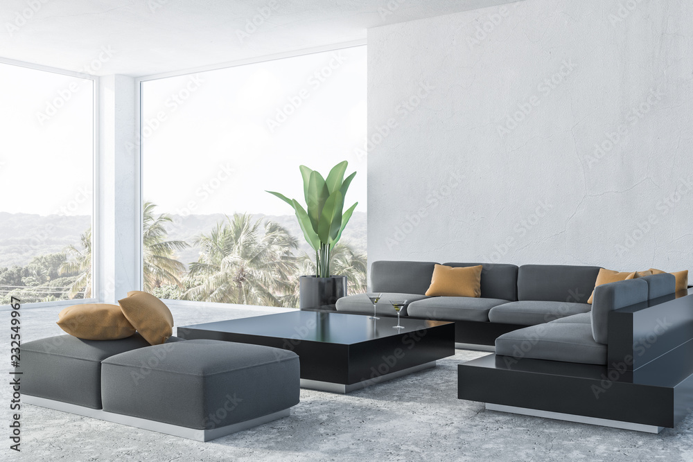 White living room corner, gray sofa - obrazy, fototapety, plakaty 
