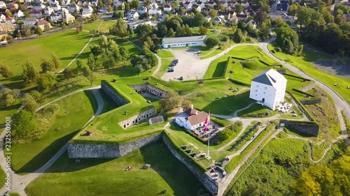 Aerial Capture of the Ancient Fortress in Trondheim, Norway - Sunny Summer Day with an overview of the city