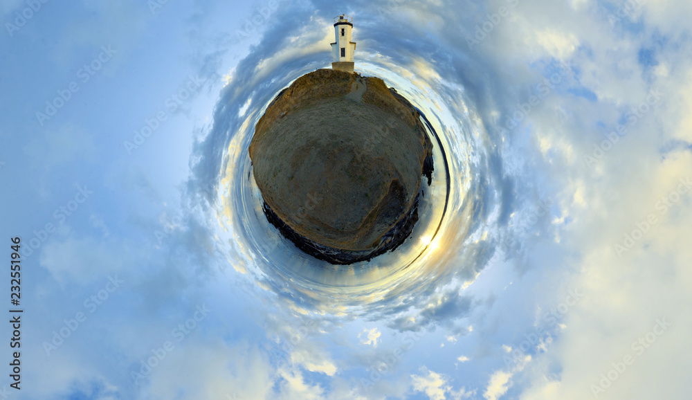 360 degree tiny planet of an island lighthouse pointing north at sunrise with dynamic swirling clouds in the sky 360 degree tiny planet of an island lighthouse pointing north at sunrise with dynamic swirling clouds in the sky