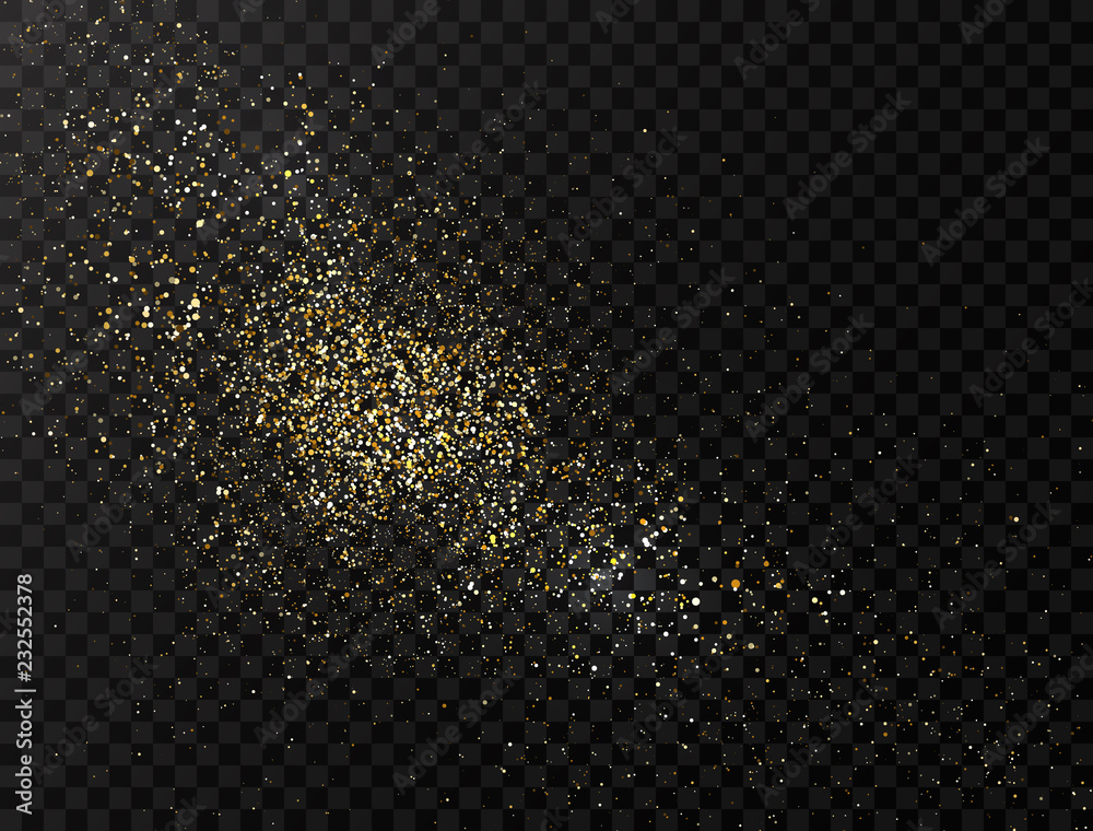 Glitter dust. Gold glitter powder explosion. Star dust background. Golden particles splash or shimmer burst. Bright sparkles. Vector illustration