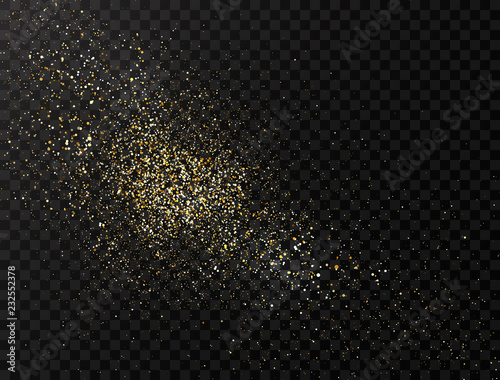 Glitter dust. Gold glitter powder explosion. Star dust background. Golden particles splash or shimmer burst. Bright sparkles. Vector illustration