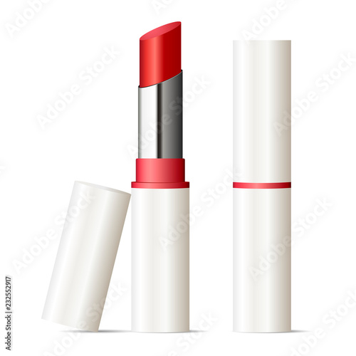 Trendy lipstick mock up set. Makeup cosmetic ads. Vector illustration. Sexy red color.