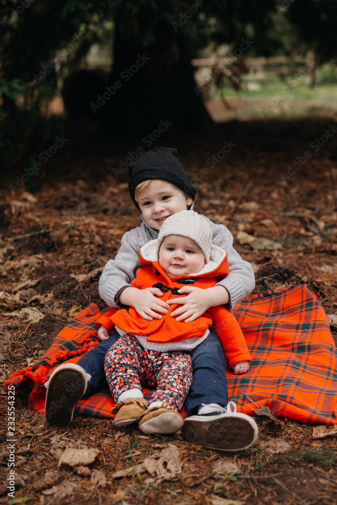 Cute Portrait of Brother and Sister Sitting on Blanket Cute Portrait of Brother and Sister Sitting on Blanket