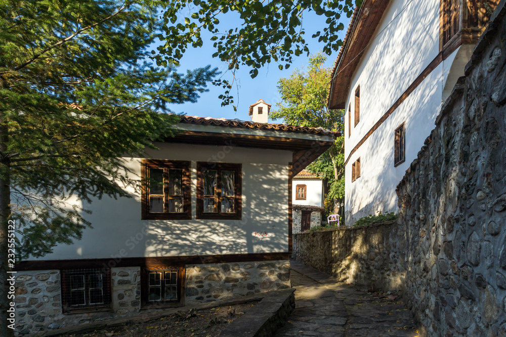 Typical street and houses from the period of Bulgarian revival in old town of  Blagoevgrad, Bulgaria