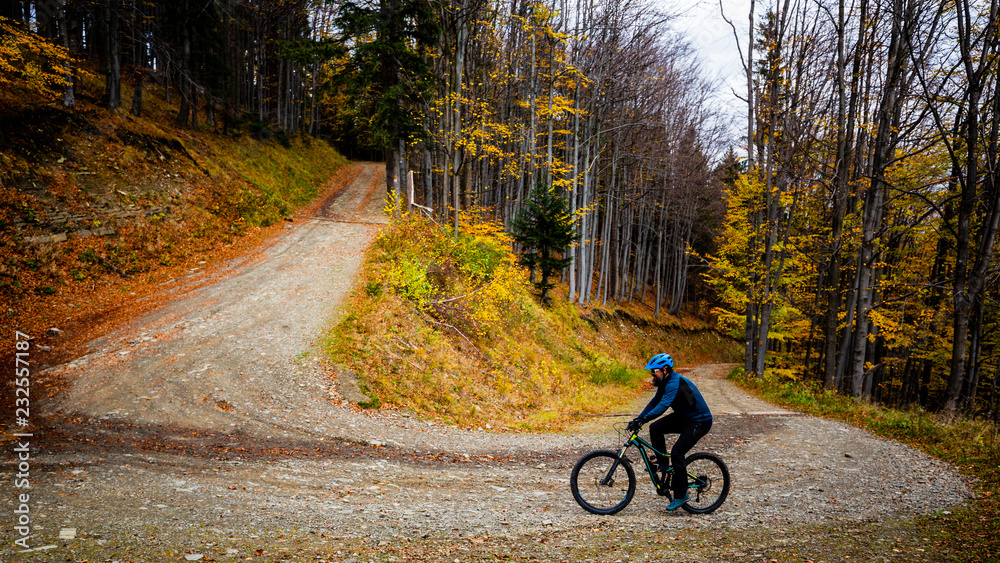 Mountain biker cycling in autumn mountains forest landscape. Man cycling MTB flow trail track. Outdoor sport activity.