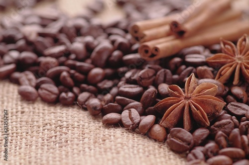 Aromatic roasted coffee beans and anis or badian, sticks of natural cinnamon on  background close up