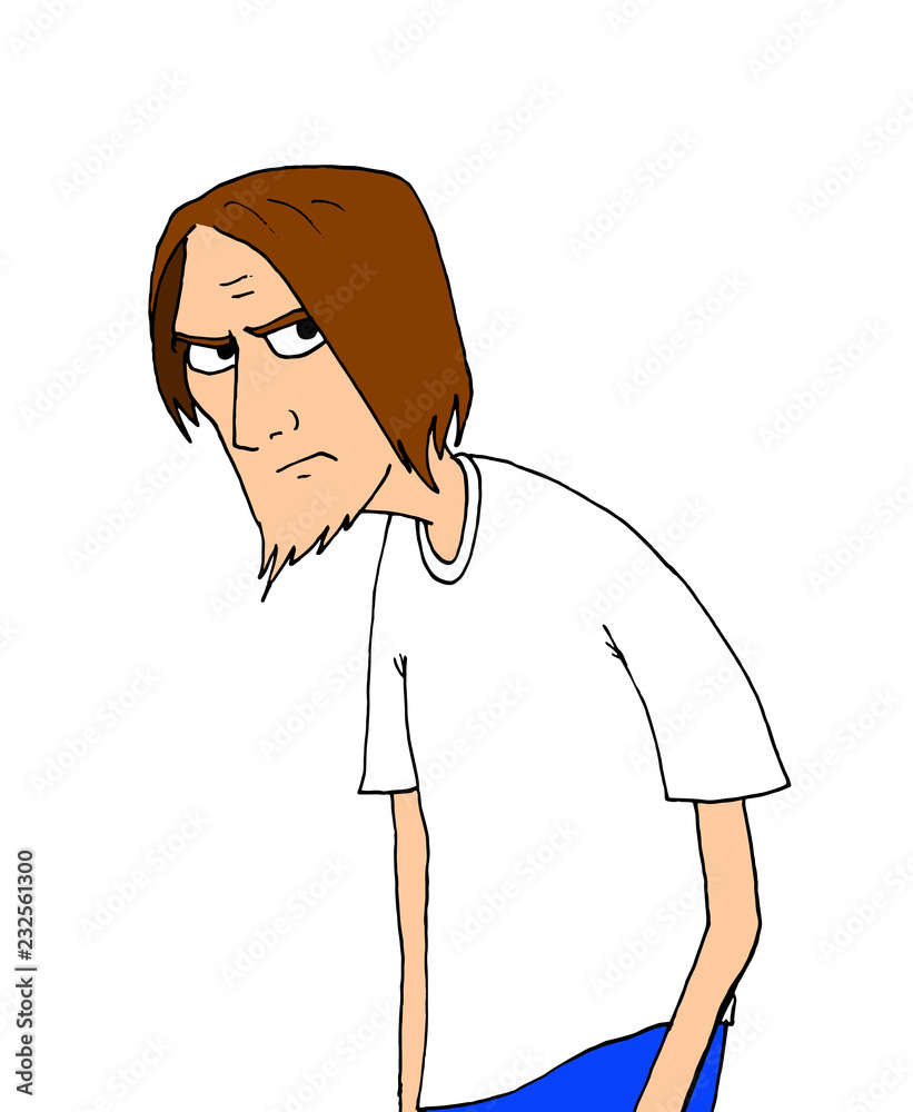 Illustration of a young long-haired teenager with discontent aspect Illustration of a young long-haired teenager with discontent aspect