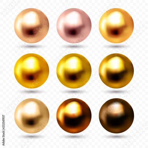 Rose, pink, white gold, copper and bronze spheres isolated on transparent background, Vector illustration.