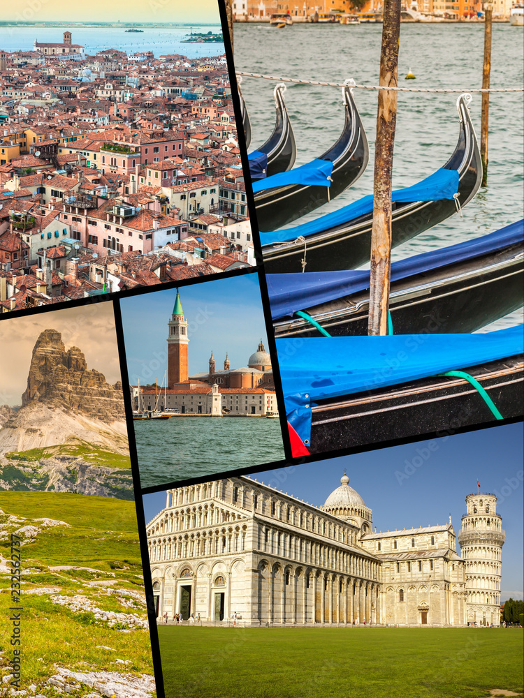 Collage of tourist photos of the Italy.