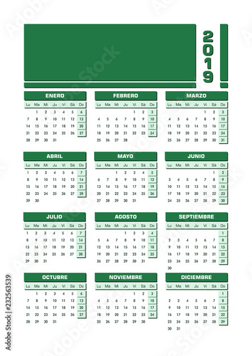 Calendario 2019 en español castellano con espacio para añadir imagen o texto. Diseño vectorial con todos los elementos convenientemente agrupados y organizados para una edición sencilla.