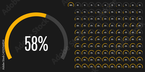 Set of circular sector percentage diagrams (meters) from 0 to 100 ready-to-use for web design, user interface (UI) or infographic - indicator with yellow