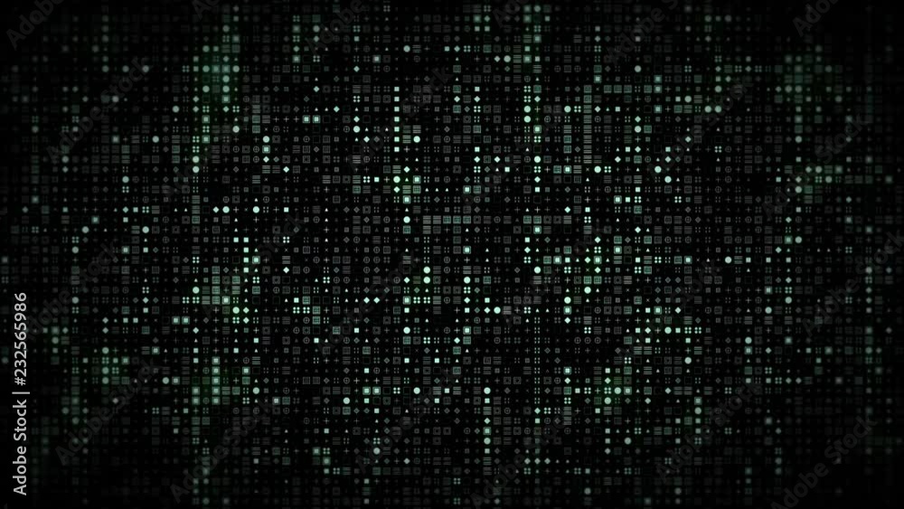 Bright glowing computer symbols appear on stream grid in futuristic big data information technology concept. Dark cyberspace internet or cryptocurrency blockchain network background. 4K 3D animation Bright glowing computer symbols appear on stream grid in futuristic big data information technology concept. Dark cyberspace internet or cryptocurrency blockchain network background. 4K 3D animation
