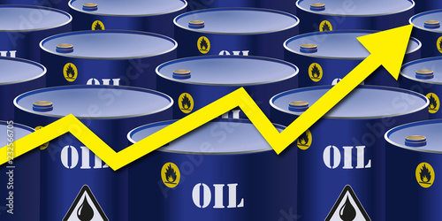 alignement de barils de pétrole avec une flèche symbolisant la hausse du cours du carburant