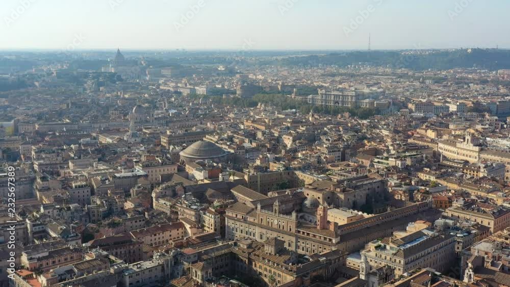 Aerial panoramic view of Rome, dome of Pantheon temple, Vatican City on horizon - cityscape panorama of capital city of Italy from above, Europe Aerial panoramic view of Rome, dome of Pantheon temple, Vatican City on horizon - cityscape panorama of capital city of Italy from above, Europe