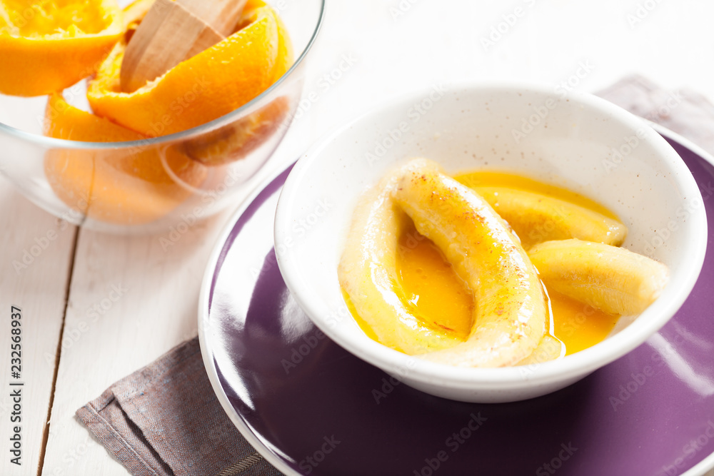 Fried bananas in orange sauce, a delicious dessert from fruits, butter and cognac. Fried bananas in orange sauce, a delicious dessert from fruits, butter and cognac.