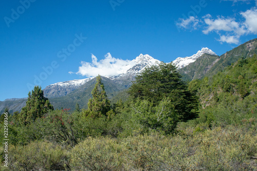 Snow covered peaks in Parque Nacional de Laguna de Laja, Chile, South America