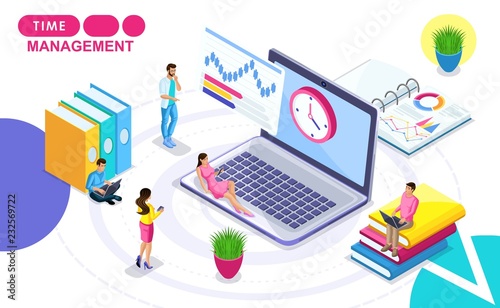 Isometric Concept of time management. Isometric people in motion, drawing up a work plan, hours. Concepts for web banners and printed materials © elizaliv