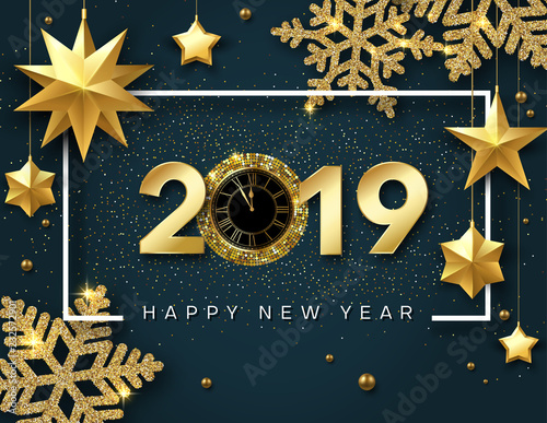 Happy New Year 2019 card with golden clock, stars and shiny snowflakes.