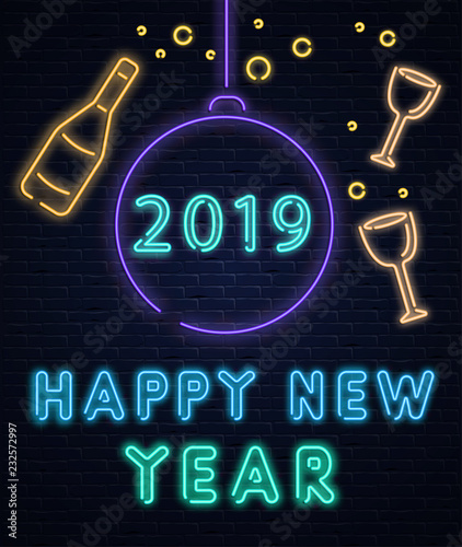 Happy New Year 2019 neon shiny card with bottle of champagne and glasses on brick background.
