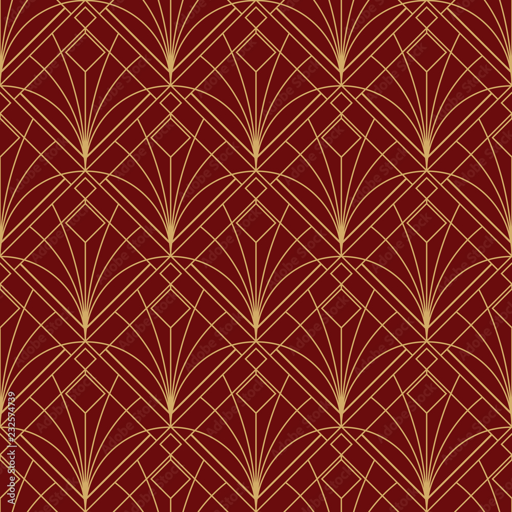 Elegant Art Deco Seamless Pattern Red Maroon 8 Golden Line Geometric