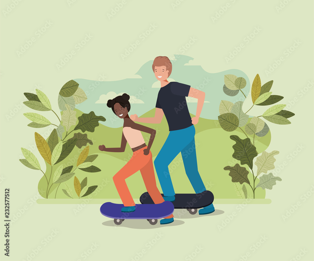 young couple in skateboard on the park young couple in skateboard on the park
