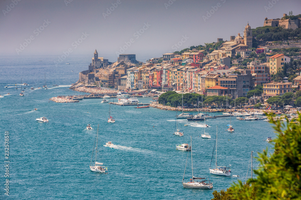 Yachts and pleasure boats in the magnificent harbour at Portovenere in Italy