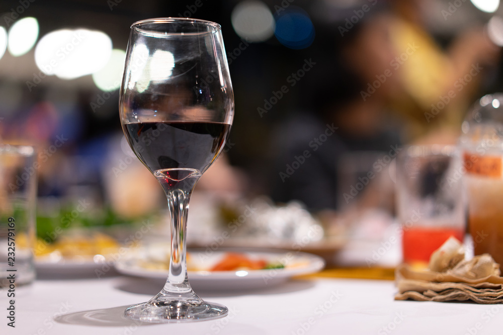 Wine glasses and wines at the night of the celebration. Wine glasses and wines at the night of the celebration.