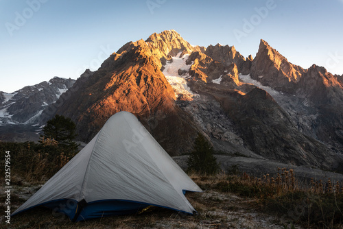 Tent in front of glacier