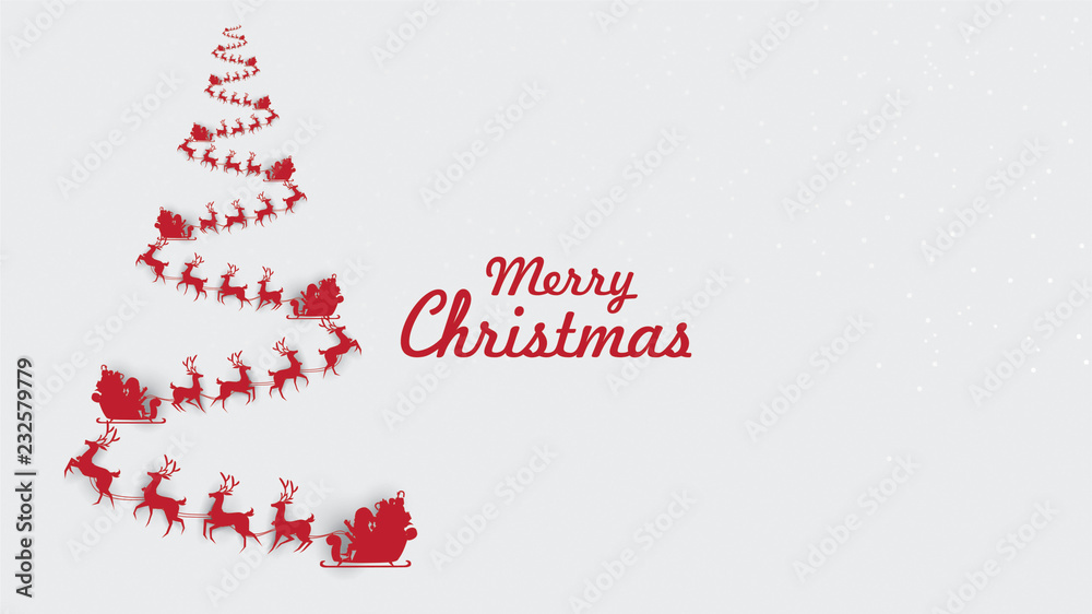 Merry christmas and happy new year red xmas pine tree with reindeer sleigh in paper art style, holiday decoration card design simple,stylized in red background