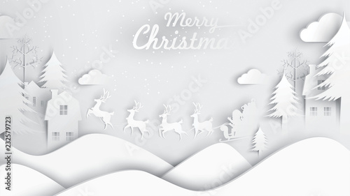 Merry Christmas and Happy New Year. Illustration of Santa Claus on the sky with reindeer sleigh and bag of gift, paper art and digital craft style