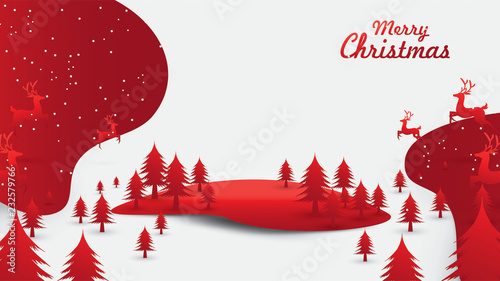 Merry Christmas and Happy New Year. Illustration of Santa Claus on the sky with reindeer sleigh and bag of gift, paper art and digital craft style