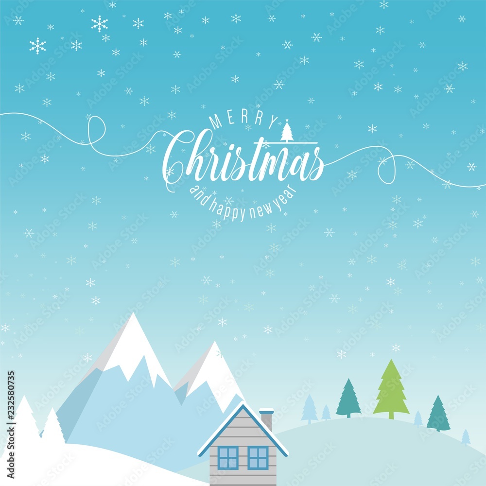 Christmas and New Year Typographical , with winter landscape